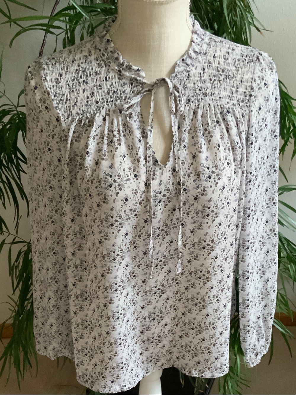 Rachel Zoe Cream Floral Smocked Tie-Neck Blouse
